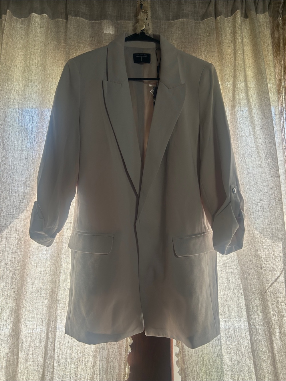 Tahari Light Beige Open-Front Blazer with Roll-Tab Sleeves